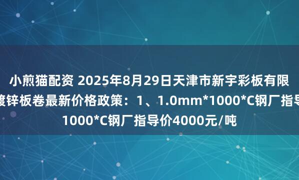 小煎猫配资 2025年8月29日天津市新宇彩板有限公司出台有花镀锌板卷最新价格政策：1、1.0mm*1000*C钢厂指导价4000元/吨